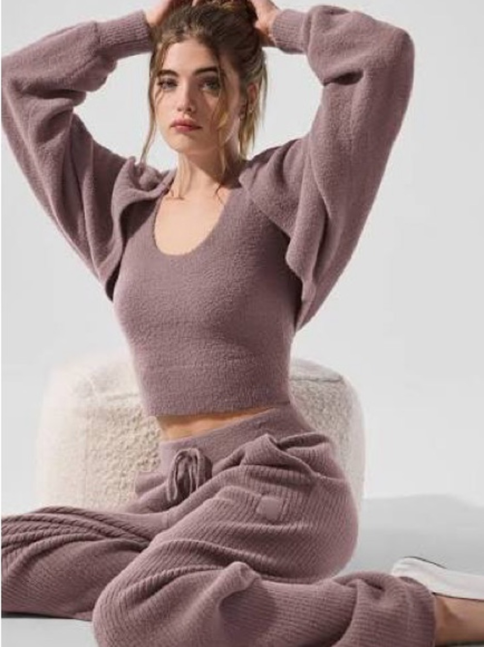 ALO Yoga Mauve Knit Cropped Sweater with Balloon Sleeves